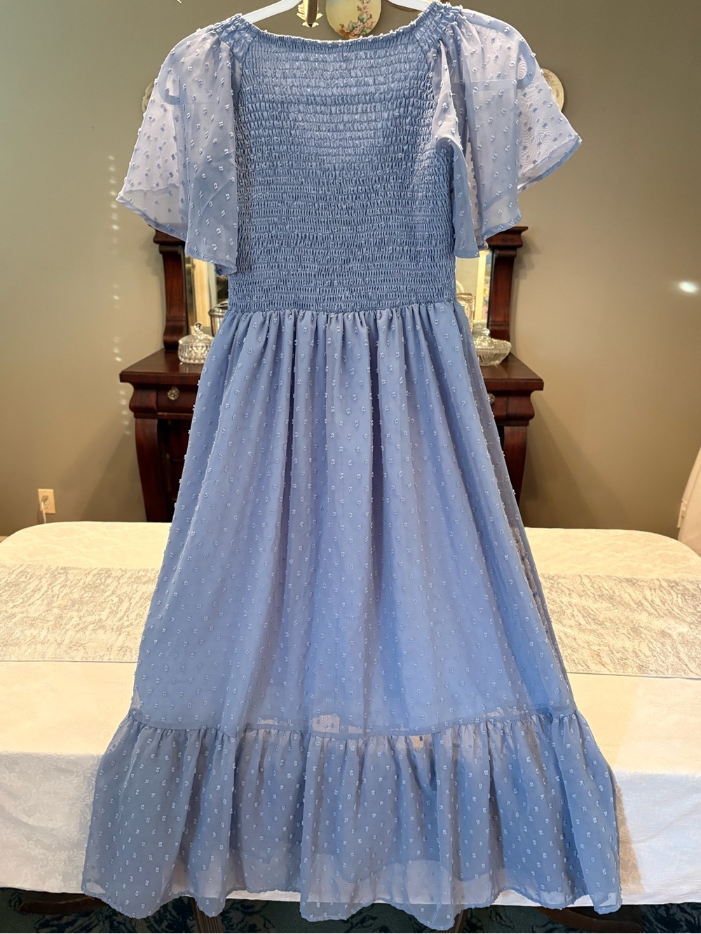 Maternity Blue Swiss Dot Smocked Bodice Midi Dress - Picture 2 of 9